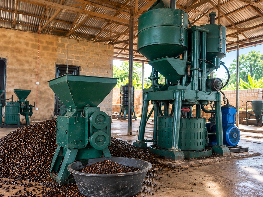 Palm kernel cracker and press at the Oriafo mill, Bende